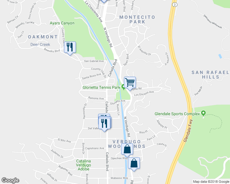 map of restaurants, bars, coffee shops, grocery stores, and more near 1724 Sombra Drive in Glendale