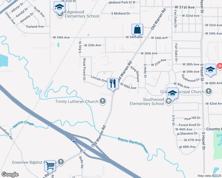 map of restaurants, bars, coffee shops, grocery stores, and more near 4010 Old Warren Road in Pine Bluff