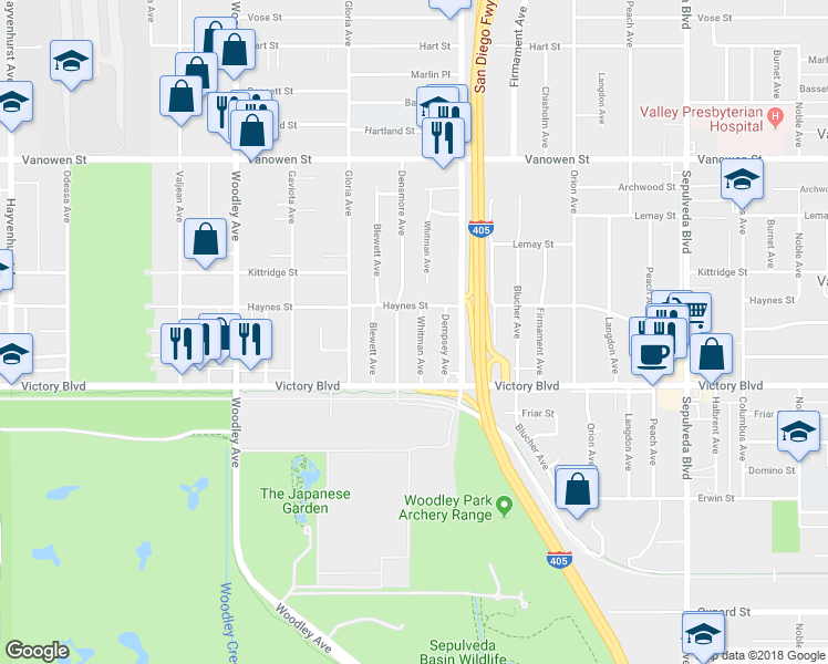 map of restaurants, bars, coffee shops, grocery stores, and more near 6461 Whitman Avenue in Los Angeles