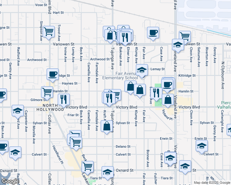 map of restaurants, bars, coffee shops, grocery stores, and more near 6444 Tujunga Avenue in Los Angeles