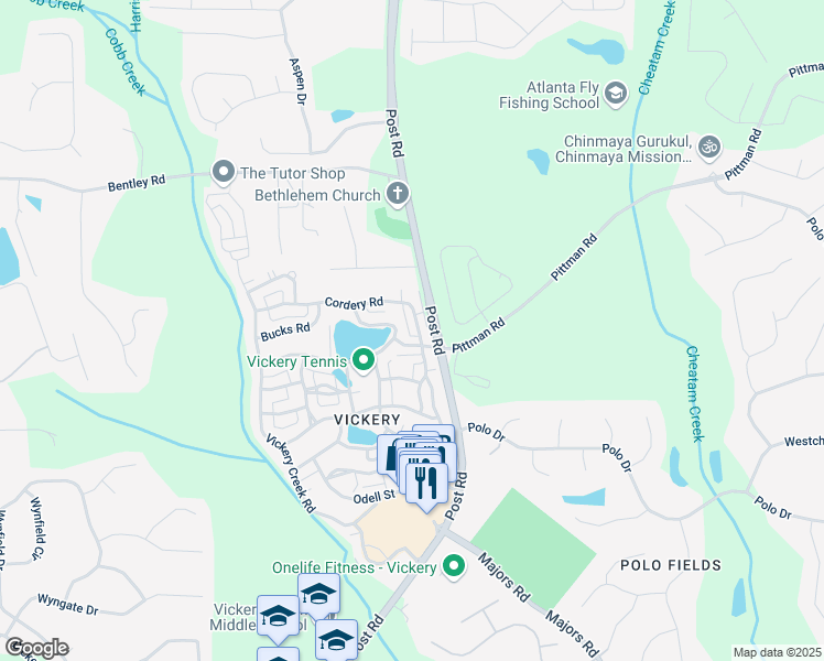map of restaurants, bars, coffee shops, grocery stores, and more near 7540 Cordery Road in Cumming