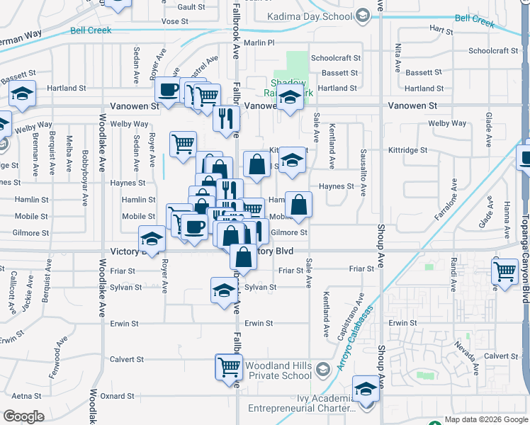 map of restaurants, bars, coffee shops, grocery stores, and more near 22668 Mobile Street in Los Angeles