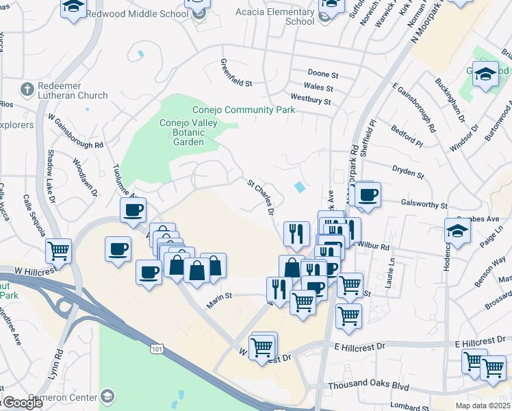 map of restaurants, bars, coffee shops, grocery stores, and more near 885 Saint Charles Drive in Thousand Oaks