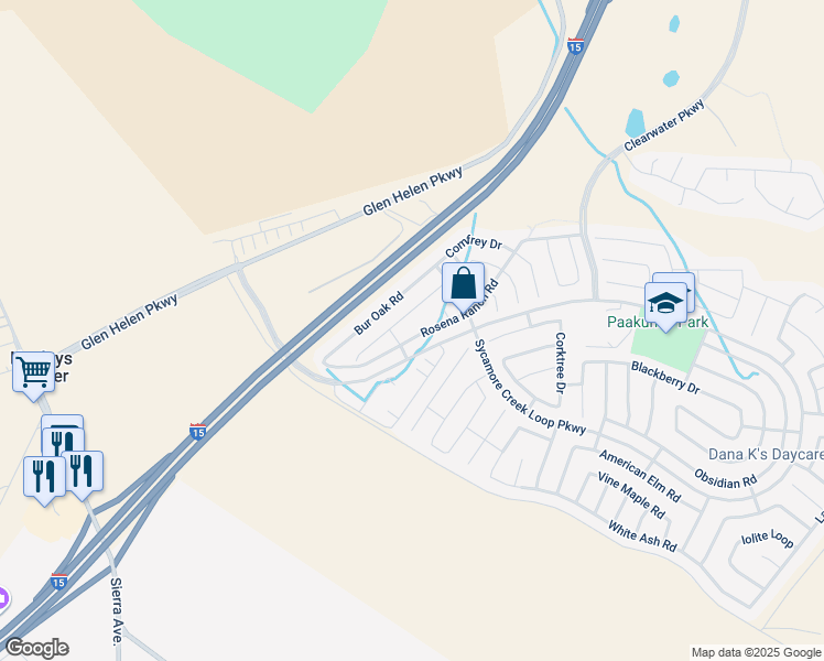 map of restaurants, bars, coffee shops, grocery stores, and more near 3783 Rosena Ranch Road in San Bernardino