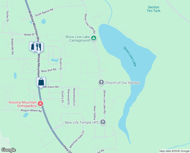 map of restaurants, bars, coffee shops, grocery stores, and more near 5254 Show Low Lake Road in Navajo County
