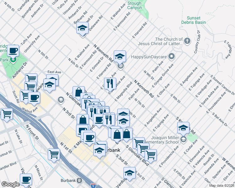 map of restaurants, bars, coffee shops, grocery stores, and more near 615 East Magnolia Boulevard in Burbank