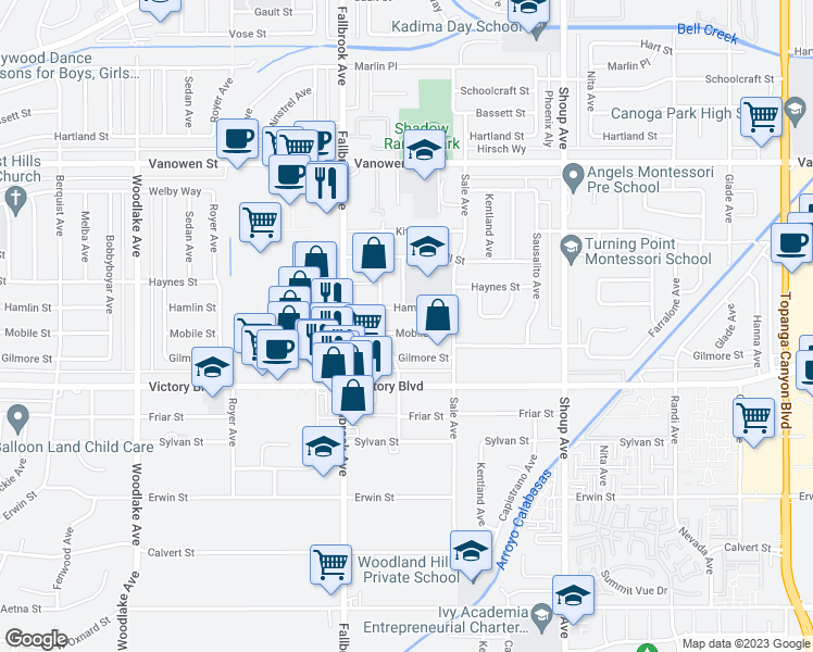 map of restaurants, bars, coffee shops, grocery stores, and more near 22649 Mobile Street in Los Angeles