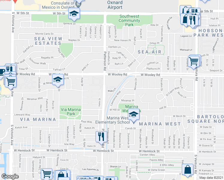 map of restaurants, bars, coffee shops, grocery stores, and more near 2771 Wake Lane in Oxnard