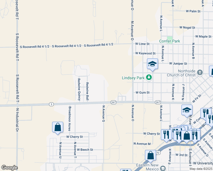 map of restaurants, bars, coffee shops, grocery stores, and more near 700-898 North Avenue Q in Portales