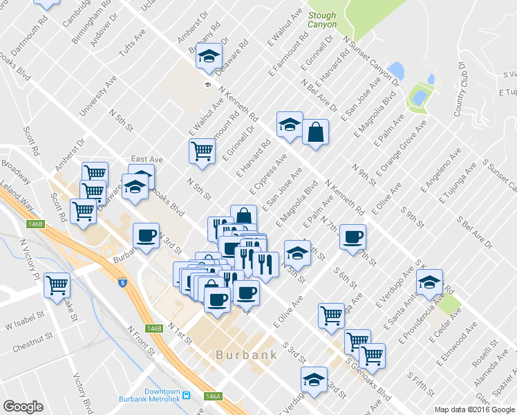 map of restaurants, bars, coffee shops, grocery stores, and more near 554 East San Jose Avenue in Burbank