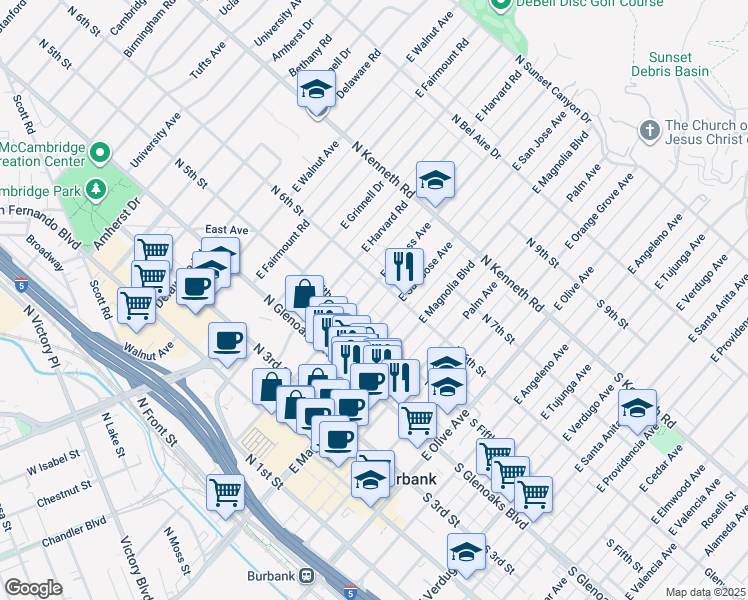map of restaurants, bars, coffee shops, grocery stores, and more near 510 East Cypress Avenue in Burbank