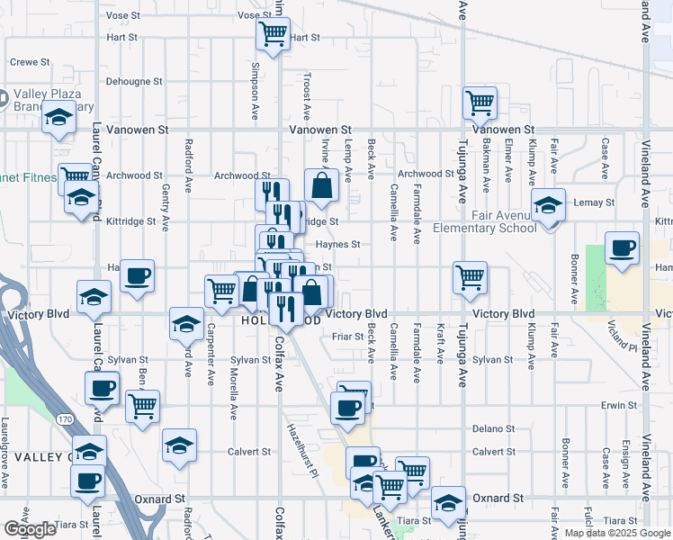 map of restaurants, bars, coffee shops, grocery stores, and more near 11601 Gilmore Street in Los Angeles