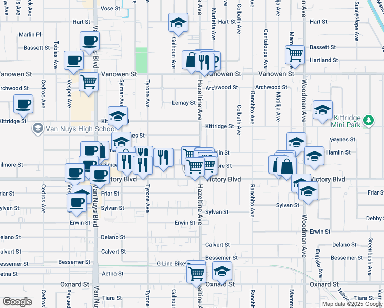 map of restaurants, bars, coffee shops, grocery stores, and more near 14103 Gilmore Street in Los Angeles