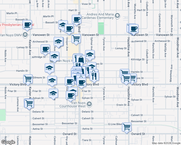 map of restaurants, bars, coffee shops, grocery stores, and more near 14423 Gilmore Street in Los Angeles