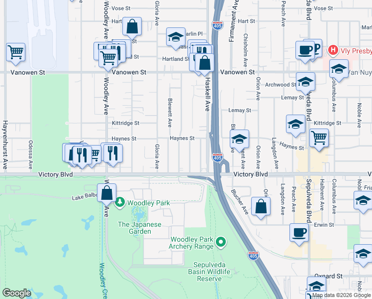 map of restaurants, bars, coffee shops, grocery stores, and more near 6443 Densmore Avenue in Los Angeles