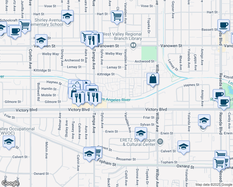 map of restaurants, bars, coffee shops, grocery stores, and more near 19144 Hamlin Street in Los Angeles