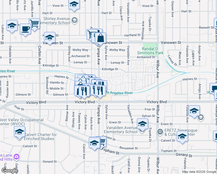 map of restaurants, bars, coffee shops, grocery stores, and more near 19238 Hamlin Street in Los Angeles