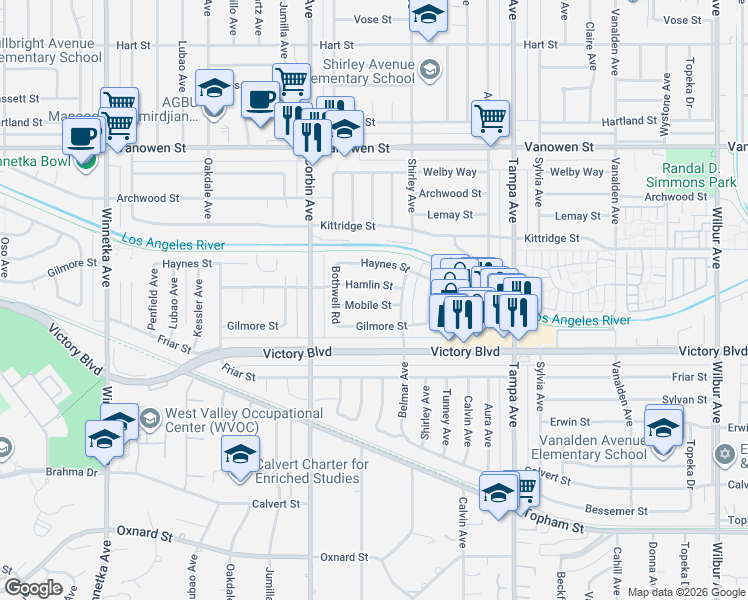 map of restaurants, bars, coffee shops, grocery stores, and more near 19558 Mobile Street in Los Angeles