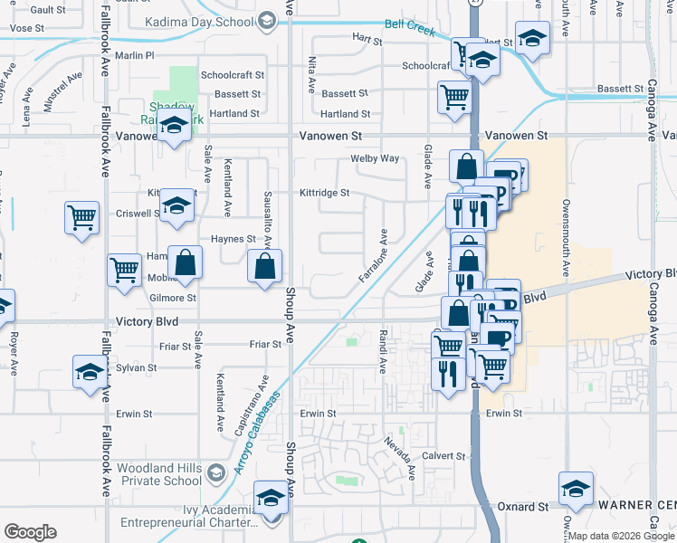 map of restaurants, bars, coffee shops, grocery stores, and more near 22318 Mobile Street in Los Angeles