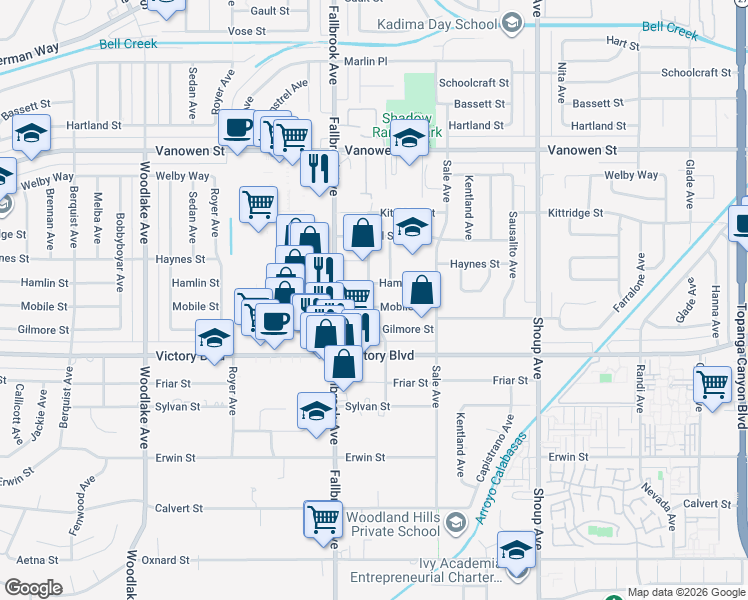 map of restaurants, bars, coffee shops, grocery stores, and more near 22668 Mobile Street in Los Angeles