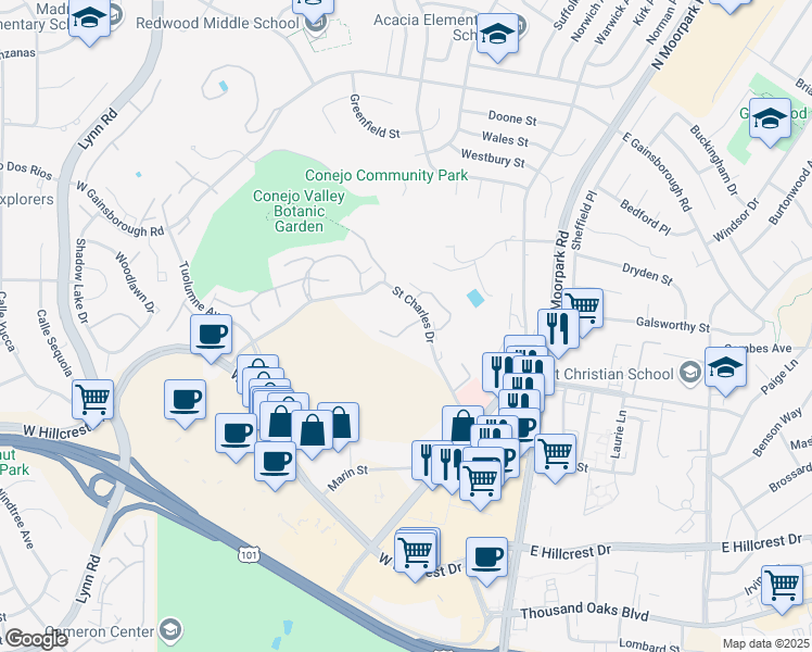 map of restaurants, bars, coffee shops, grocery stores, and more near 885 Saint Charles Drive in Thousand Oaks
