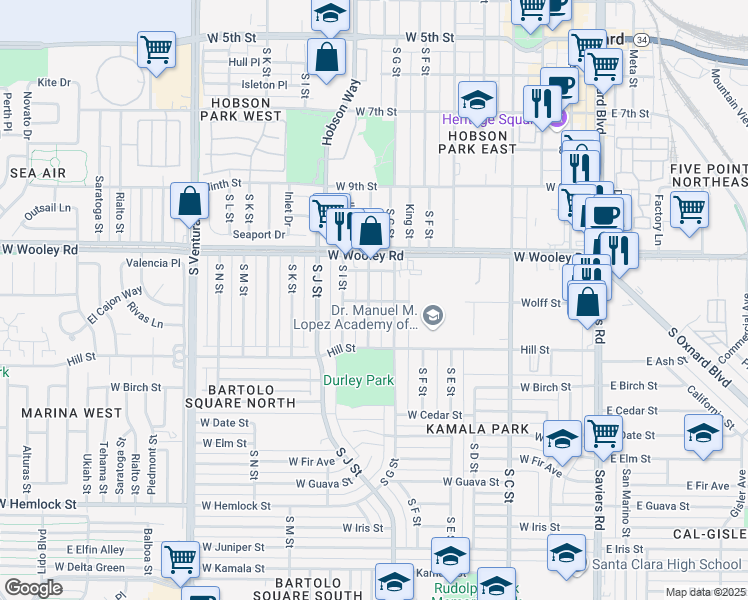 map of restaurants, bars, coffee shops, grocery stores, and more near 1210 South H Street in Oxnard