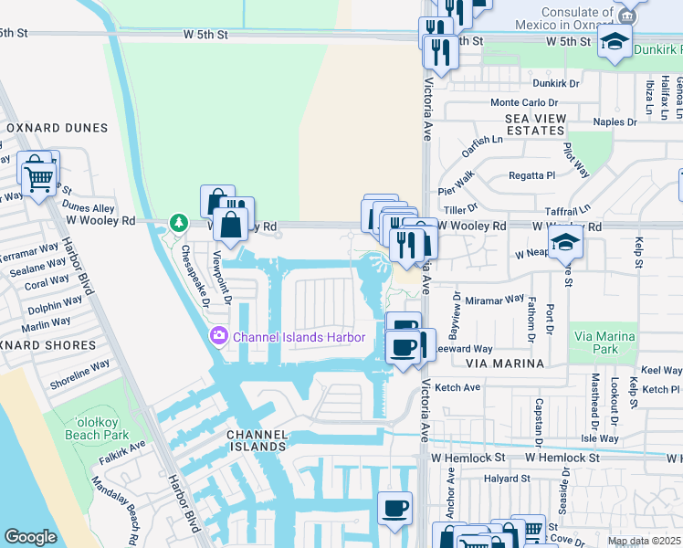 map of restaurants, bars, coffee shops, grocery stores, and more near 1301 Seabridge Lane in Oxnard