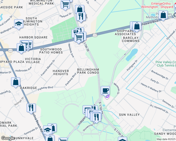 map of restaurants, bars, coffee shops, grocery stores, and more near 2820 Bloomfield Lane in Wilmington