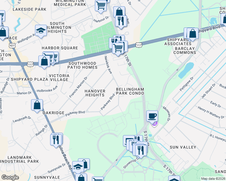 map of restaurants, bars, coffee shops, grocery stores, and more near 1009 Parkway Blvd in Wilmington