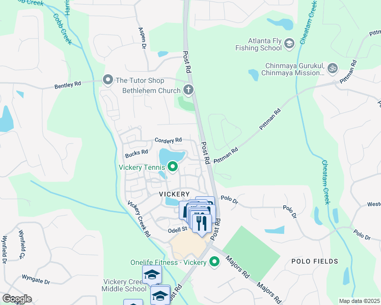 map of restaurants, bars, coffee shops, grocery stores, and more near 7120 Lullwater Road in Cumming