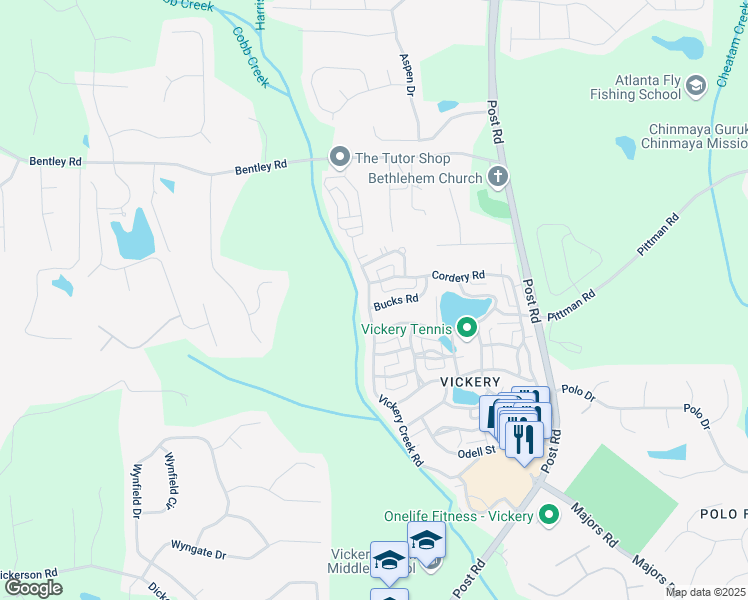 map of restaurants, bars, coffee shops, grocery stores, and more near 6805 Bucks Road in Cumming