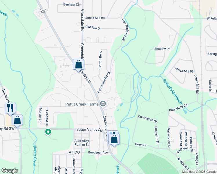 map of restaurants, bars, coffee shops, grocery stores, and more near 25 Wesley Trce Southeast in Cartersville
