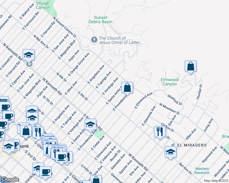 map of restaurants, bars, coffee shops, grocery stores, and more near 1023 East Santa Anita Avenue in Burbank