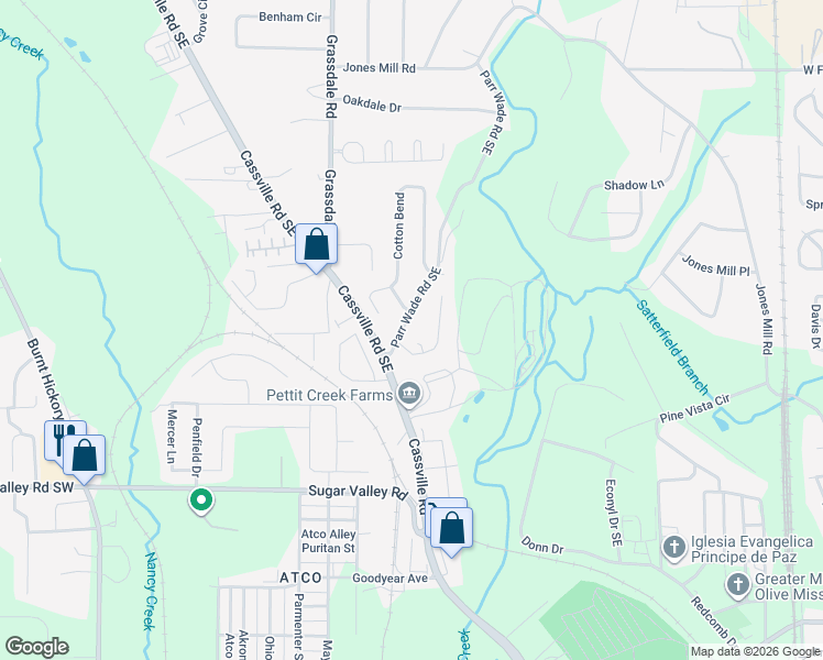 map of restaurants, bars, coffee shops, grocery stores, and more near 23 Wesley Trce Southeast in Cartersville