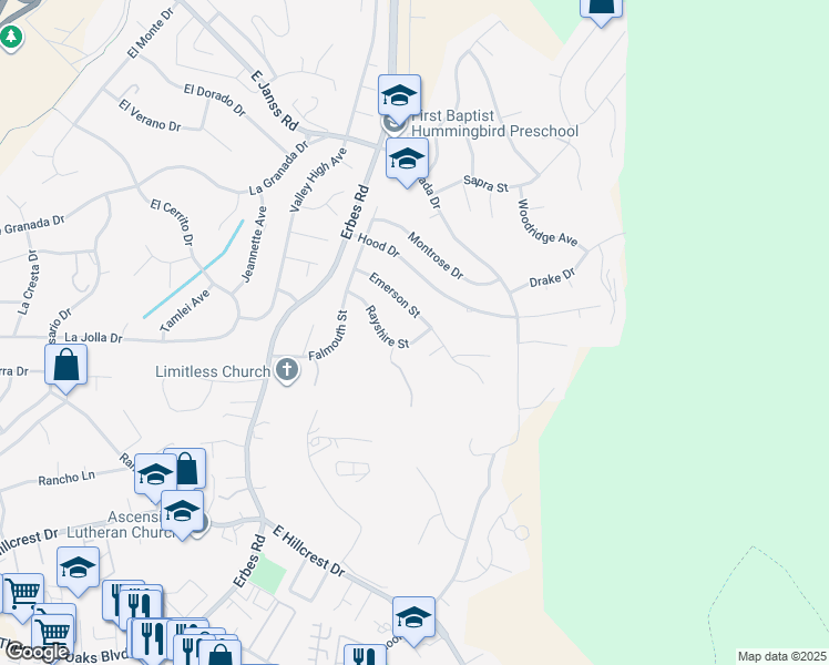 map of restaurants, bars, coffee shops, grocery stores, and more near 2085 Rayshire Street in Thousand Oaks