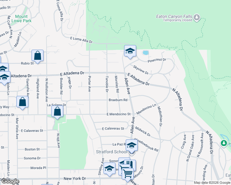 map of restaurants, bars, coffee shops, grocery stores, and more near 2477 Morslay Road in Altadena