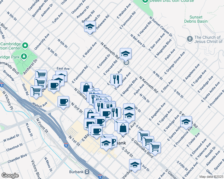 map of restaurants, bars, coffee shops, grocery stores, and more near 565 East San Jose Avenue in Burbank