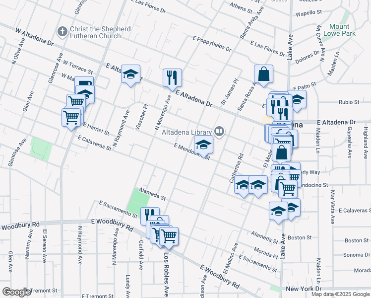 map of restaurants, bars, coffee shops, grocery stores, and more near 427 East Mendocino Street in Altadena