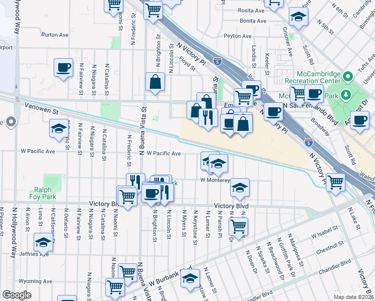map of restaurants, bars, coffee shops, grocery stores, and more near 2141 West Pacific Avenue in Burbank