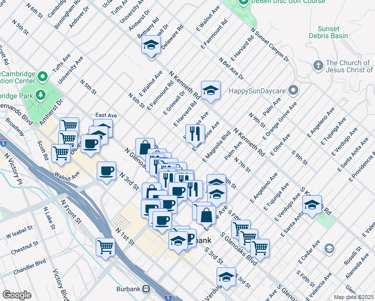map of restaurants, bars, coffee shops, grocery stores, and more near 565 East San Jose Avenue in Burbank