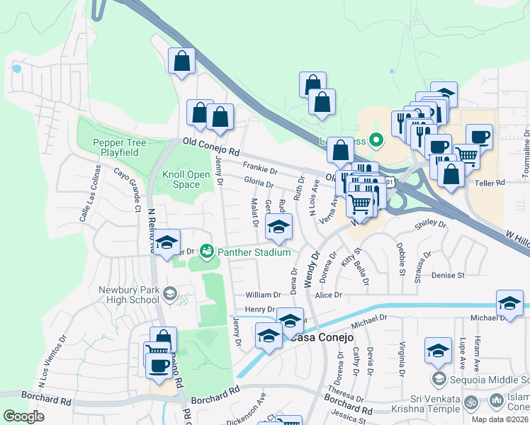 map of restaurants, bars, coffee shops, grocery stores, and more near 723 Gerst Drive in Thousand Oaks