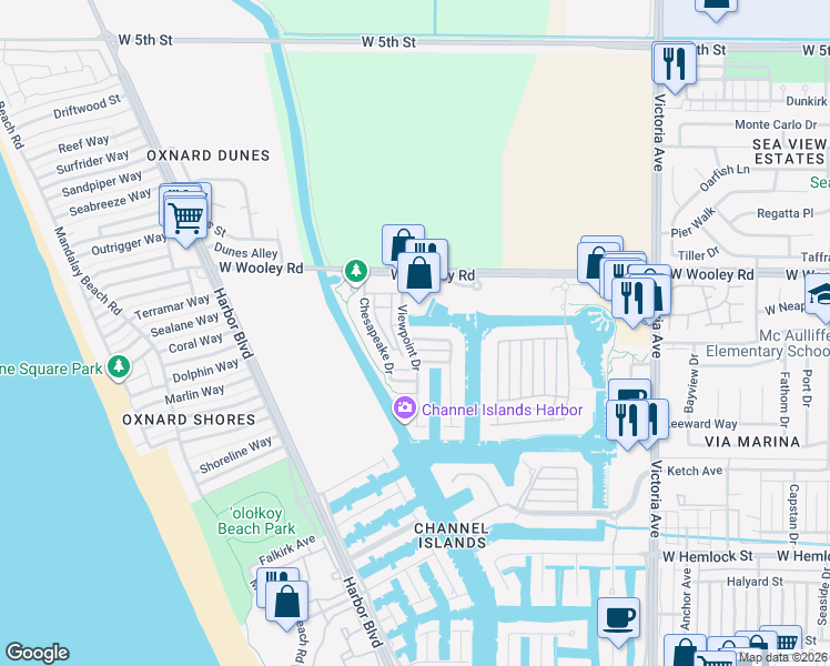 map of restaurants, bars, coffee shops, grocery stores, and more near 4354 Waterside Lane in Oxnard