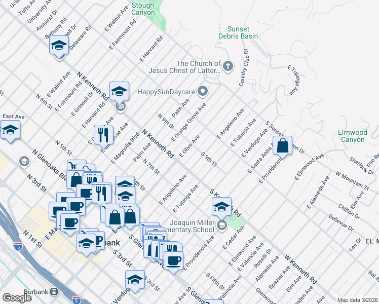 map of restaurants, bars, coffee shops, grocery stores, and more near 814 East Olive Avenue in Burbank