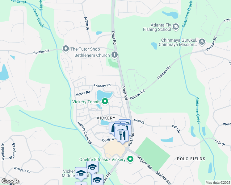 map of restaurants, bars, coffee shops, grocery stores, and more near 7120 Lullwater Road in Cumming