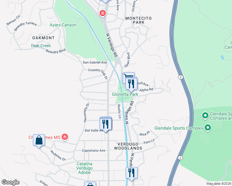 map of restaurants, bars, coffee shops, grocery stores, and more near 1724 Sombra Drive in Glendale
