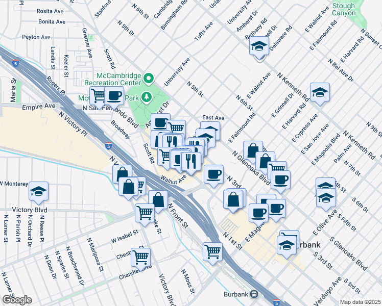 map of restaurants, bars, coffee shops, grocery stores, and more near 1000 North San Fernando Boulevard in Burbank