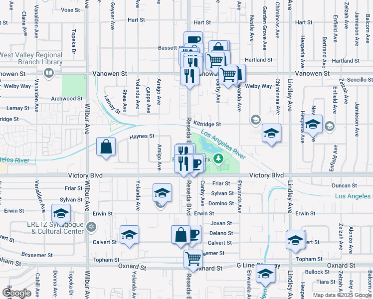 map of restaurants, bars, coffee shops, grocery stores, and more near 6504 Reseda Boulevard in Los Angeles