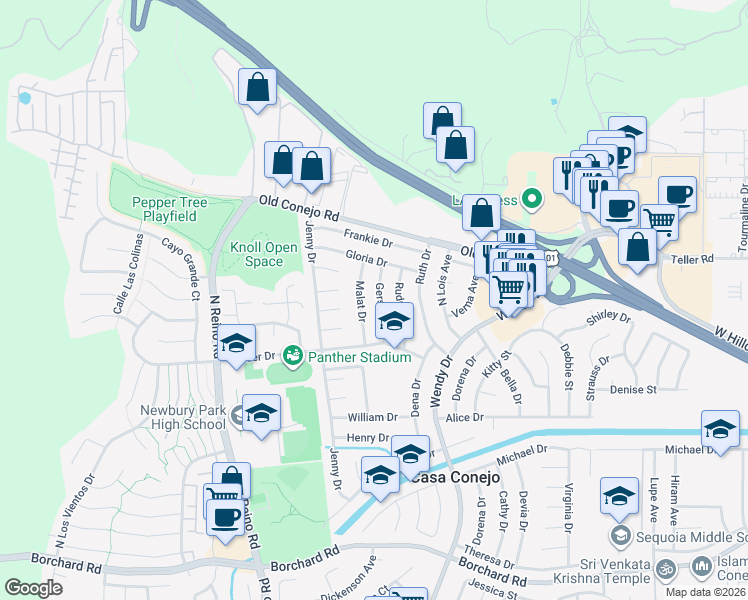 map of restaurants, bars, coffee shops, grocery stores, and more near 723 Gerst Drive in Thousand Oaks