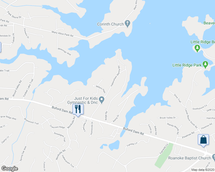 map of restaurants, bars, coffee shops, grocery stores, and more near 2015 Habersham Marina Road in Cumming
