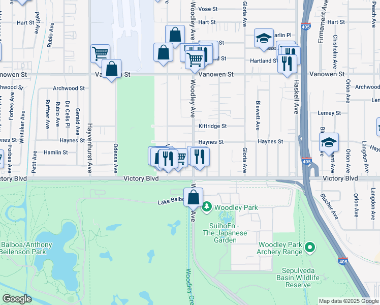 map of restaurants, bars, coffee shops, grocery stores, and more near 6446 Woodley Avenue in Los Angeles